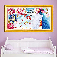 Tranh đính đá - Tranh thêu chữ thập vợ chồng chim công hoa mẫu đơn - size: 103*50cm (tự thêu)