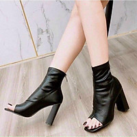 Giày Bốt Đế Cao Hở Mũi Da Nhăn Lì Hàng Thời Trang