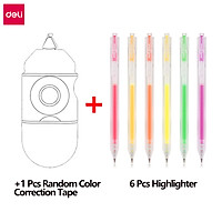 Deli 1 Pcs Random Color Correction Tape 6 Pcs 0.5mm Fluorescence Markers Fast Drying Error White Out Corrector Portable Mini Typo Correct Tools 5 Colors Note Marking Highlighter Office Conference Colorful Marker Pens Student Study Stationery Supplies