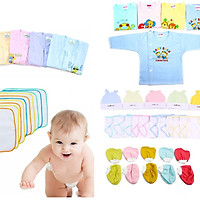 Combo of 35 Newborn Baby Items (5 long-sleeved shirts + 5 short-sleeved shirts + 10 cloth diapers + 5 hats + 5 pairs of gloves + 5 pairs of leg warmers)_exactly as pictured