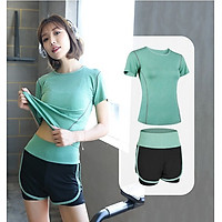 Bộ Đồ Tập Gym, Yoga, Quần Áo Thể Thao Nữ Áo Thun Xanh Ngọc Quần Tập Gym 2 Lớp