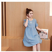 Đầm bầu thêu tay màu xanh, cam đất DN02