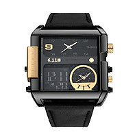 6.11 Men Leather Band Rectangle Dial Analog Quartz Watches 3 Time Zones Waterproof Electronic Wristwatch
