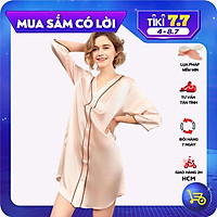 Váy ngủ nữ, váy lụa cao cấp VILADY - V119 kiểu cổ V tay lỡ phối viền màu San hô, chất liệu lụa Pháp ( lụa latin)