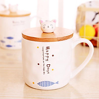 Cốc sứ có kèm thìa và nắp mèo gỗ xinh xắn 400ml - LOẠI 1