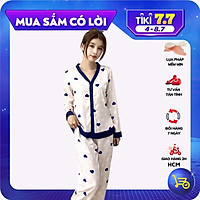 Bộ Đồ Pyjama nữ, đồ mặc nhà lụa VILADY - B104 kiểu cổ tim tay dài quần dài, họa tiết tim chấm bi, chất liệu lụa Pháp ( lụa latin) cao cấp - Màu trắng ngà