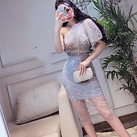 Đầm body dự tiệc lệch vai kim sa sang trọng TRIPBLE T DRESS - size M/L/XL (kèm ảnh/video thật)MS8V