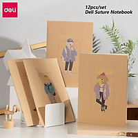 Deli 12pcs Simple Notebook Set Kraft Paper Cover Cute Cartoon Pattern School A4 Note Book Student Exercise Notepad Journey Record Books 40 Sheets Beige Inner Page Office Diary Handbook Stationery Supply