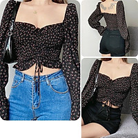 Áo kiểu nữ, áo nữ hoa nhí đen tay dài đủ size S M L Newtrend A-22