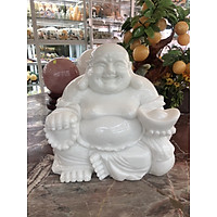 Tượng Phật Di Lặc ngồi cầm thỏi vàng đá cẩm thạch trắng - Dài 30 cm