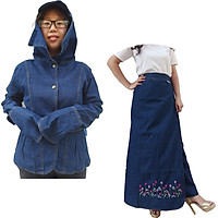 Bộ Đồ Chống Nắng Jean Mềm Gồm Áo Khoác Và Quần Váy Chống Nắng Thêu Hoa Trinh Nữ Tím
