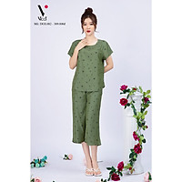 Bộ đồ nữ mặc nhà trung niên cho các bà, các mẹ - Bộ đũi trung niên Vicci BGS.082, thiết kế áo cộc tay phối quần ống sớ in hoạ tiết