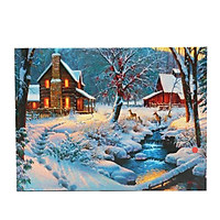 LED Light-up Snow Deer Log Cabin Canvas Art Picture Print Home Wall