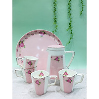 Bộ trà sứ xương cao cấp cốc cao chấm bi hồng ROYAL 5547