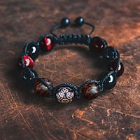 Vòng tay phong thủy thời trang handmade đá mắt hổ đỏ, đá đen kết hợp gỗ sưa đỏ bi kim tiền dây đan shamballa phật giáo