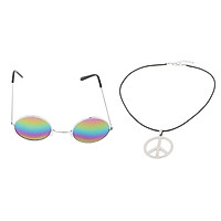 2Pack Peace Sign Necklace Rainbow Lens Sunglasses Jewelry Set Retro Hipster