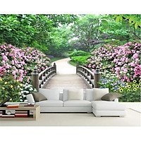 Tranh dán tường 3D phong cảnh con đường cây cầu đẹp - vải lụa phủ kim sa (Kích thước theo yêu cầu)