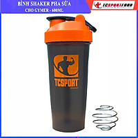 Bình lắc Shaker pha sữa cho người tập GYM hiệu TCSPORTFOOD - Bình nước thể thao Shaker 600 ml - Bình đen nắp cam