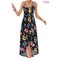 2021 summer new women's dress round neck print suspender dress irregular long skirt