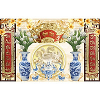 Tranh 3d phòng thờ in trên vải lụa kim tuyến, dán trực tiếp lên tường- kích thước theo yêu cầu