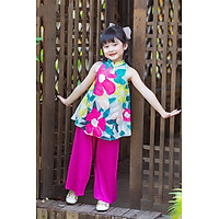 Set áo lá cổ yếm quần dập ly cho bé gái