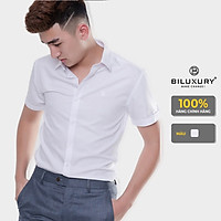 Áo Sơ Mi Nam Ngắn Tay (4SMCB002TRK) Trắng Trơn,Chất Vải Cotton Cao Cấp Thoáng Mát Phom Bodyfit Trẻ Trung,Thanh Lịch, ,Mềm Mịn Hàng Chính Hãng BILUXURY