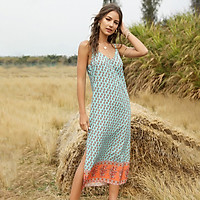 Sexy Women Summer Floral Print Dress Spaghetti Strap V Neck Sleeveless Split Hem Bohemian Holiday Dress