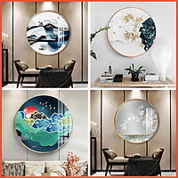 Tranh tròn tráng gương cá chép hoa sen decor trang trí cầu thang phòng khách - Tranh treo tường cao cấp tặng đinh 3 chân