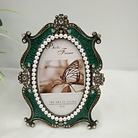Jeweled Vintage Picture Frame with Glass Front for Table Top Desktop Display, Retro Decorative Pearl Photo Frame, Horizontal and Vertical Formats