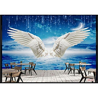 Tranh dán tường 3D đôi cánh thiên thần quán cafe, trà sữa có keo sẵn