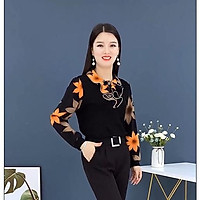 Áo Thun Tay Dài in nhiệt Cổ bẻ Dày Dặn In Họa Tiết Thời Trang Thu Đông Cho Nữ Trung Niên