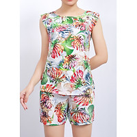 Bộ mặc nhà lanh (tole) Vicci BS3D.069.12 quần short vải Thái 3D cao cấp họa tiết lá hồng