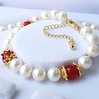 Vòng Tay Ngọc Trai Nước Ngọt Thiên Nhiên Cao Cấp - Chuỗi Đơn Tròn Mix Đá Mã Não - Trang Sức Cô Tấm - Quà Tặng Mẹ - NULLAN PEARL (8ly) - Đỏ - CTJ1010