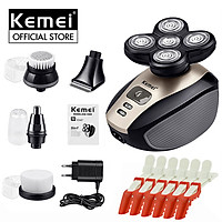 Máy cạo râu 5 in 1 Kemei KM-1000 đa năng chống thấm nước với 5 đầu thay thế chuyên dùng cạo râu, cạo đầu, cắt tóc, tạo kiểu, tỉa lông mũi, cọ rửa mặt, massage được thiết kế lưỡi thép không gỉ nhỏ gọn, tiện lợi TẶNG KÈM bộ kẹp cá sấu chia tóc 6 cái màu ngẫu nhiên