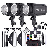 Bộ 3 Đèn Flash MD-300 (300W) + 3 Chân Đèn (2m) + 2 Hộp Đèn (50x70cm) + 1 Ô Tản Sáng ANDOER Cho Studio