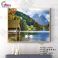 Tranh sơn dầu số hóa tô màu Tranh phong cảnh thiên nhiên Châu Âu hồ nước thiên nga mùa thu PC0783