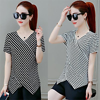 Women T-shirt V-neck Stripe Pattern Slimming All-match Short-sleeve T-shirt