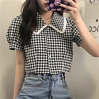 Áo sơ mi nữ kẻ dáng ngắn cộc tay cổ viền bèo