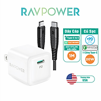 Combo Củ Sạc Nhanh iPhone iPad RAVPower RP-PC150 PD 20W Và Cáp Type C to C 60W 1m RP-CB047-B - Hàng Chính Hãng