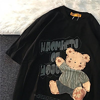 Áo Thun 100% Cotton Dáng Rộng In Hình Gấu Hoạt Hình Phong Cách Retro Cho Nam Và Nữ