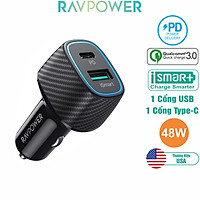 Củ Sạc Điện Thoại Trên Ô Tô 48W PD 30W QC 3.0 1 Cổng Type-C Và 1 Cổng USB-A RAVPower RP-VC019 - Hàng Chính Hãng