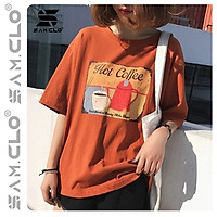 Áo thun nữ tay lỡ SAM CLO freesize phông form rộng dáng Unisex, mặc lớp, nhóm, couple hình ly cà phê chữ HOT COFFEE