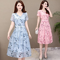 Summer Slim V-neck Floral Dress Elegant Short Sleeves Middle Long Printing Causal Dress