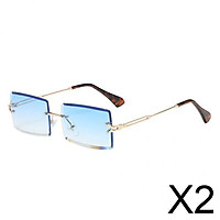 2xChic Rectangle Cut Rimless Sunglasses Tinted Lens Eyewear Shades Blue