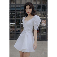Đầm xòe nhún eo tay phồng phối ren