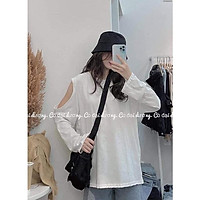 Áo thun khoét vai dài tay dáng rộng Sweater hở vai sexy quyến rũ chất nỉ da cá Ulzzang
