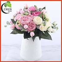 Hoa giả, cành hoa mẫu đơn lụa 5 bông 4 nụ cao 30cm