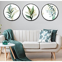 Tranh treo tường gỗ MDF lá xanh hiện đại decor trang trí phòng khách, phòng ngủ có khung cao cấp hình tròn tặng kèm đinh