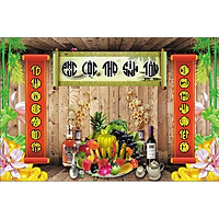 Tranh dán tường phòng thờ cuốn thư - mâm ngũ quả - vải lụa kim tuyến (kích thước theo yêu cầu)