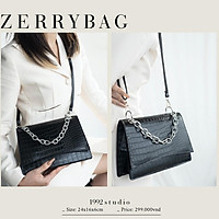 Túi xách nữ màu đen size trung giá rẻ da vân, dây xích phụ kiện / ZERRY BAG